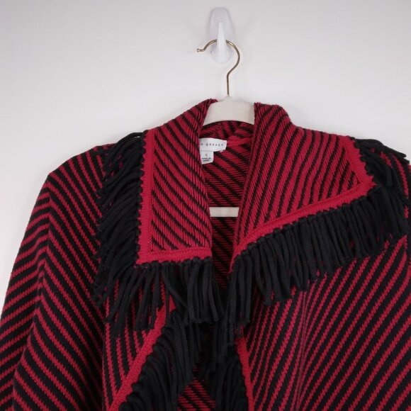 Susan Graver Jacquard Sweater Fringe Striped Red Black Cardigan Size S - Picture 6 of 14